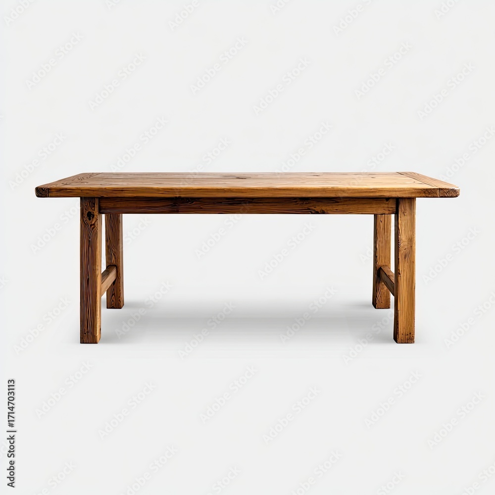 Fototapeta premium Rustic rectangular dining table crafted from rich, dark brown wood; features a simple, sturdy design with slightly tapered, block-style legs and a thick, planked tabletop. Minimalist aesthetic