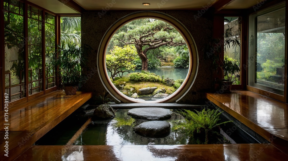 Obraz premium Enchanted Round Window Room A Stunning Interior Featuring a Dramatic Moon Gate and Natural Light