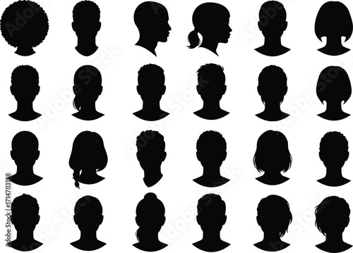 Collection of twenty four avatar silhouette icons of diverse male and female heads, profiles, hairstyles, black vector bust shapes
