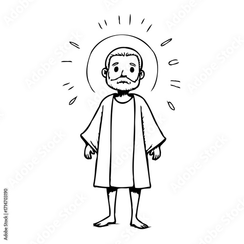 Simple illustration of a spiritual figure with halo radiating light and serene expression