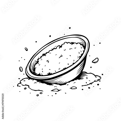 Simple monochrome sketch depicting a brimming bowl of granular substance suggestive of food