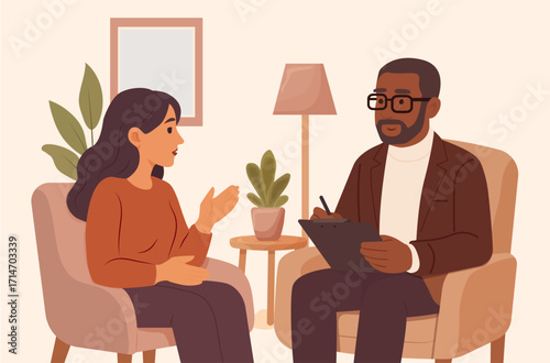 Vector image of a male psychologist and a female patient. Consultation. Session with a psychologist. Consultation