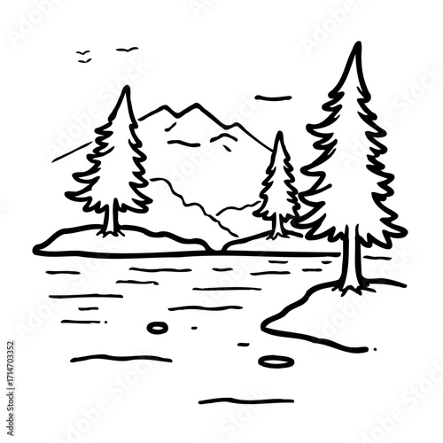 Simple mountain landscape drawing with trees and water portraying an outdoor scene for creative