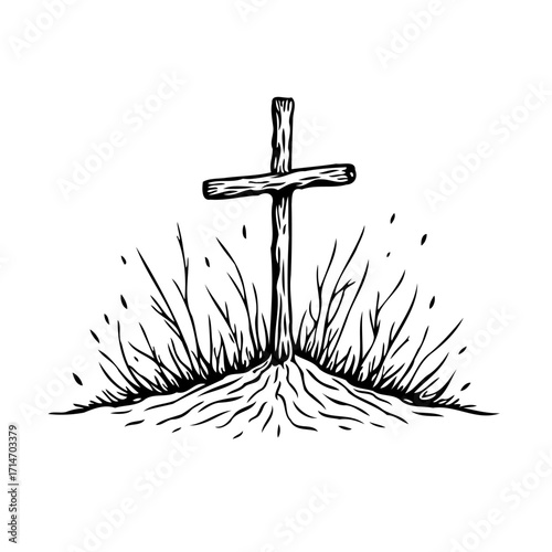 Simple rustic christian cross illustration atop earthy mound among scattered twigs creates