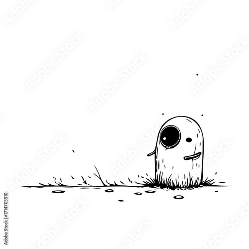 Single eye doodle art monster stands in grassy terrain on white backdrop cartoonish character