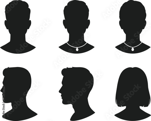 Vector silhouette set of male and female bust portraits, front and side view, avatar icons for profile, social media, business