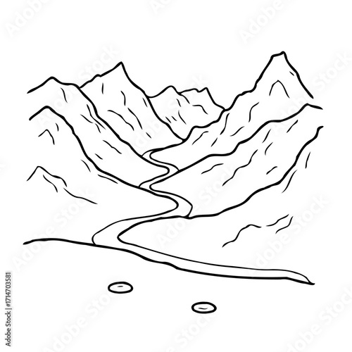 Sketch of a scenic mountain range with a meandering river running through the valley bottom nature