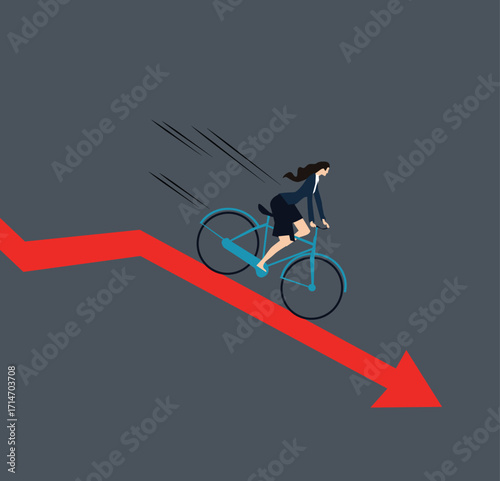 businesswoman riding a bicycle along a descending red arrow, symbolizing financial loss, business failure, or a downward trend in the stock market. Vector illustration