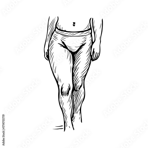 Sketched depiction showcasing a figure's lower body displaying realistic anatomy line art style