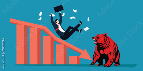 businessman falling down a declining bar chart, symbolizing financial losses and market downturns. A fierce red bear represents a bear market,  recession or stock market crash. Vector illustration