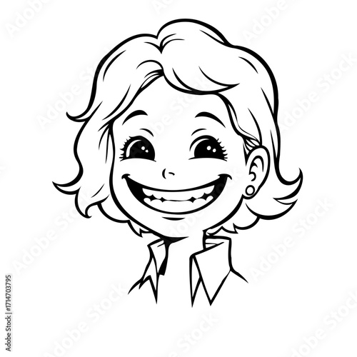 Smiling girl cartoon line art illustration showcases cheerful innocence and youthful optimism and