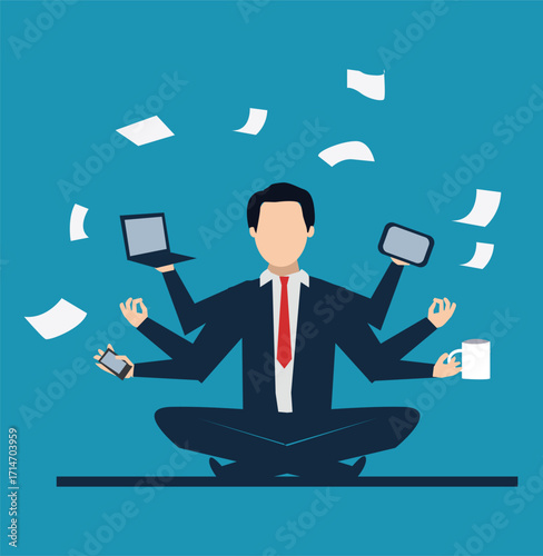 Multitasking Businessman Practicing Mindfulness or yoga. Modern Work-Life Balance Concept vector illustraton