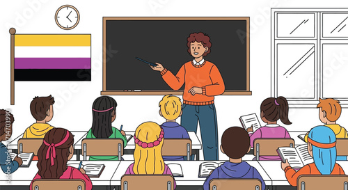 Vector art of teacher with nonbinary flag in classroom teaching students