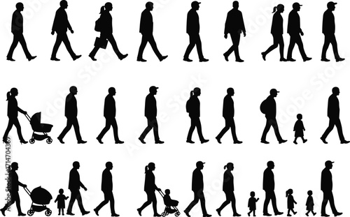 Silhouette collection of walking people including men, women, children and parents with strollers, urban lifestyle, family walk, everyday pedestrians