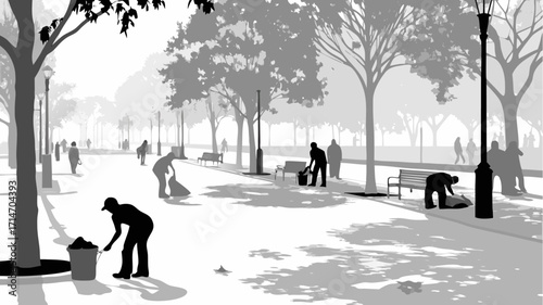 A clean city is a happy city, showing street sweepers collecting litter along a park path