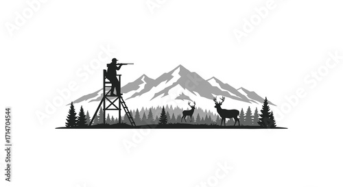 Hunter in elevated stand overlooking deer and mountainous landscape scene
