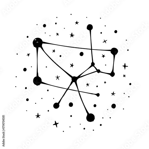 Stylized constellation drawing with celestial bodies interconnected forming ethereal cosmic