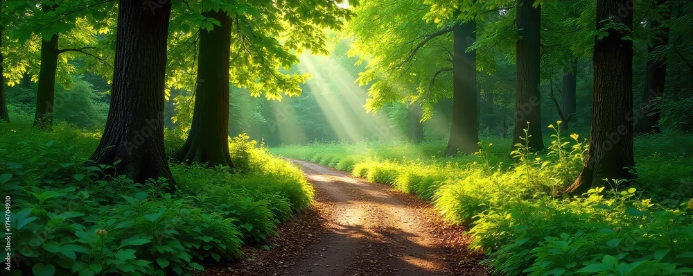 Obraz premium Sun-dappled forest path winding through lush green foliage, sunlight filtering through leaves, creating a magical atmosphere Perfect for nature, travel, and adventure themes , woods, trees, travel