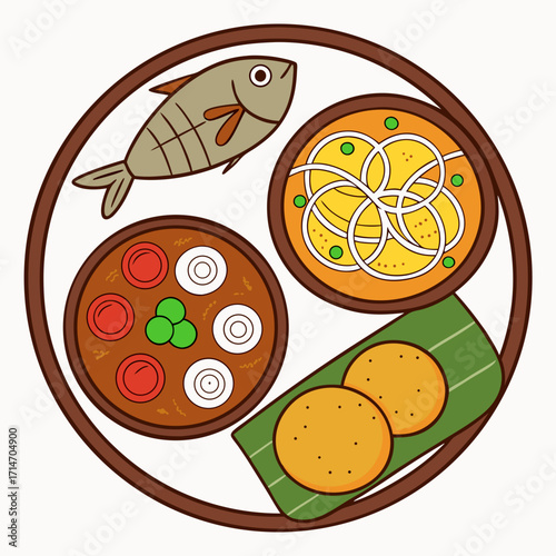 A delicious indian thali meal featuring fish curry rice dal and roti on a round platter