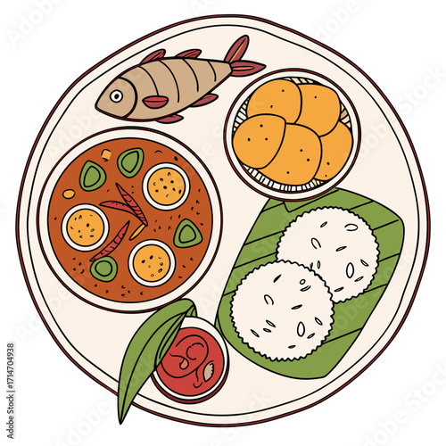 A delicious hand drawn illustration of a traditional indian meal served on a thali plate