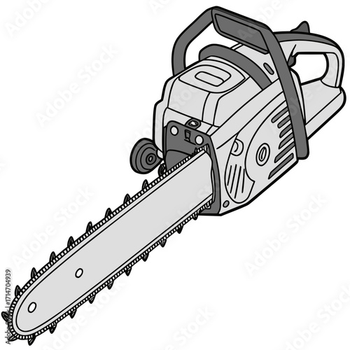 A detailed illustration of a powerful gasoline powered chainsaw with a long sharp cutting bar and chain