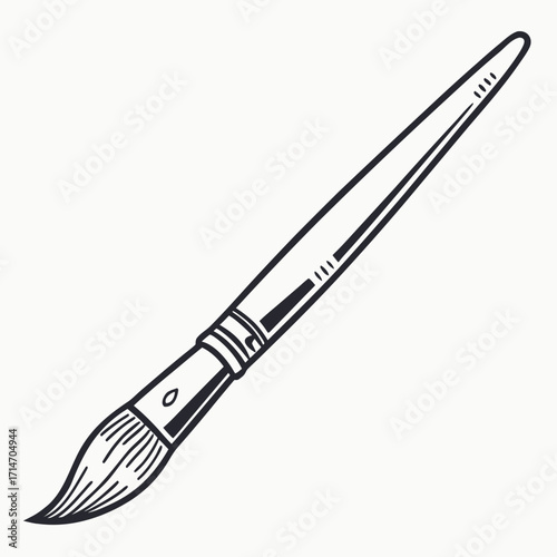 A simple black and white hand drawn illustration of a paintbrush with bristles and a long handle