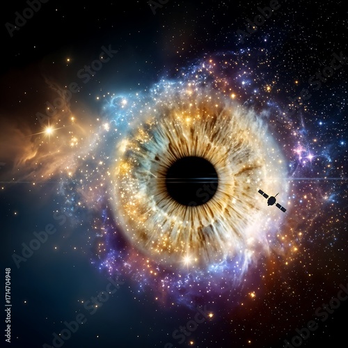 Surreal Eye Iris Surrounded by Colorful Outer Space Nebula and Satellite