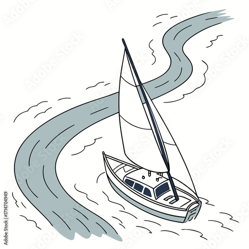 A simple hand drawn illustration of a white sailboat navigating a winding blue river on a clear day