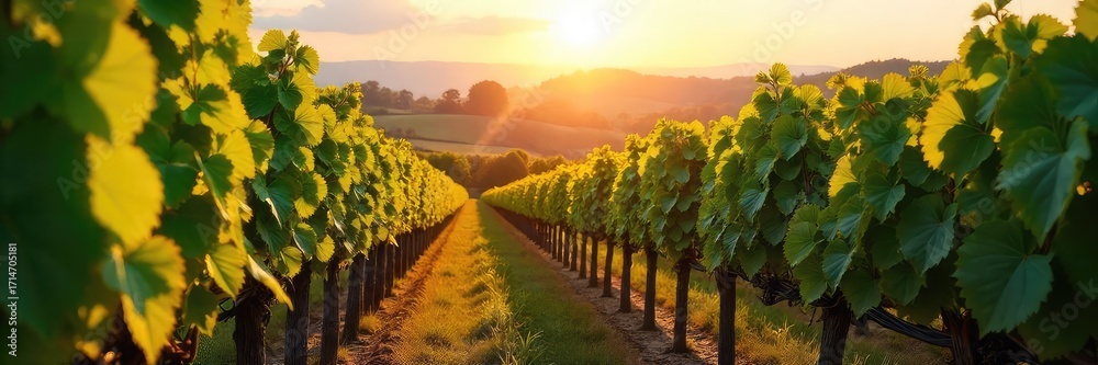 Naklejka premium Sun-Drenched Autumn Vineyard Rolling Hills, Ripe Grapes Ready for Harvest
