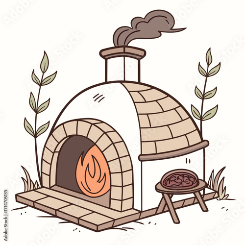 Charming illustration of a brick pizza oven with a fire burning inside and a pizza ready to bake