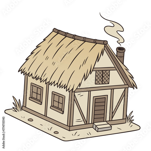 Charming cartoon illustration of a rustic medieval cottage with a thatched roof and smoking chimney