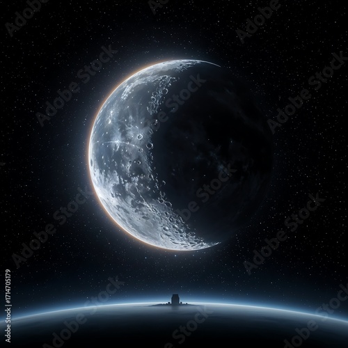 Dramatic Moonscape Featuring Craters and Stars with Building on Blue Horizon