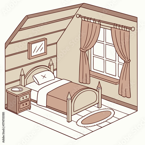 Cozy attic bedroom with a single bed nightstand and window with curtains in a charming isometric view