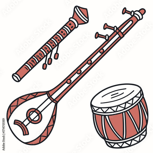 Collection of traditional indian musical instruments including a sitar and a drum with a flute
