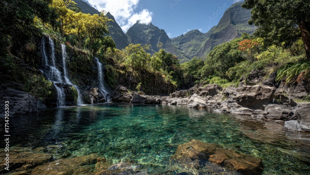 Obraz premium Serene waterfall cascading into a crystal-clear pool nestled within a lush, mountainous tropical valley under a bright, partly cloudy sky