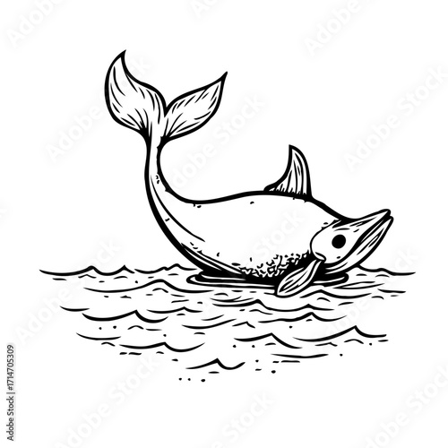 Stylized line drawing of a dolphin emerging gracefully from undulating ocean waves isolated on