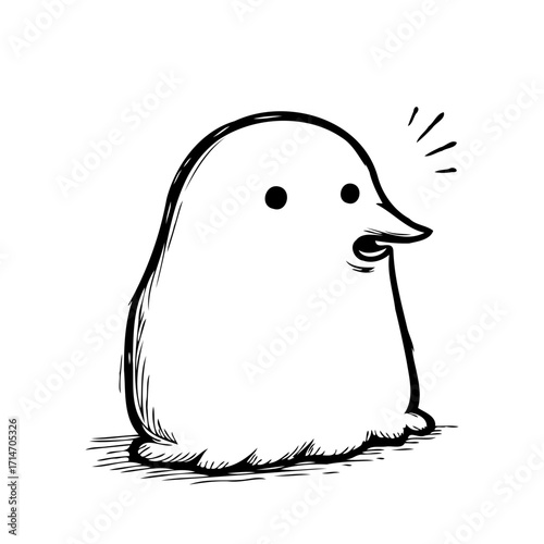 Stylized monochrome depiction of a bewildered blob-shaped creature in a simple hand-drawn
