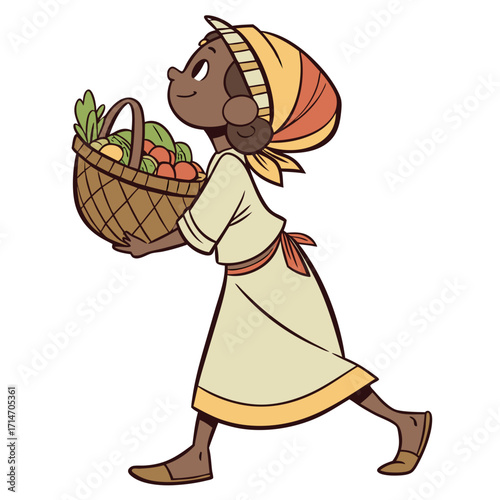 Happy cartoon woman with dark skin wearing a headscarf carrying a basket full of fresh vegetables and fruits