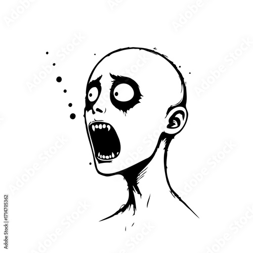 Stylized monochrome depiction of a surprised or frightened character with exaggerated features and