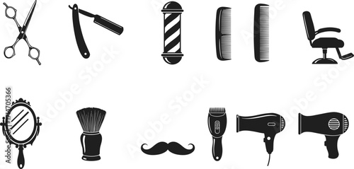 Barber shop vector icons set with scissors, razor, barber pole, combs, chair, mirror, clippers, hair dryer, grooming tools