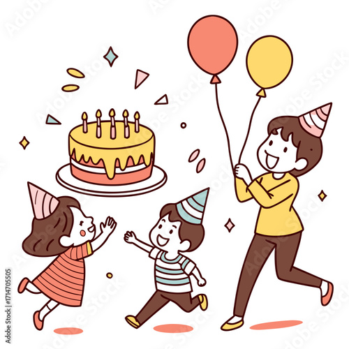 Joyful cartoon children celebrating a birthday party with cake balloons and confetti wearing party hats