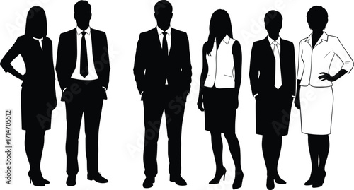 Silhouettes of business men and women in formal office attire, professional corporate team, standing colleagues, teamwork concept, vector illustration