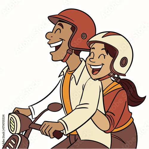 Joyful couple riding a scooter together wearing helmets and smiling broadly