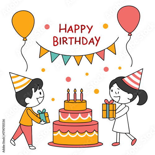 Joyful children in party hats celebrating a birthday with a tiered cake and gifts