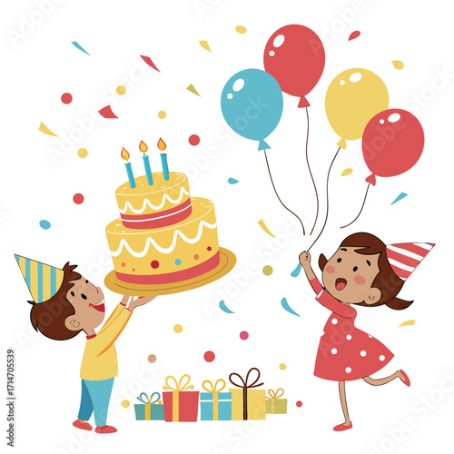 Joyful children celebrating a birthday party with a cake balloons and gifts and confetti falling