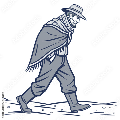 Lone man wearing a poncho and hat walking through a barren landscape