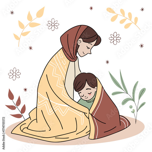 Loving mother gently tucking her child into a warm blanket surrounded by autumn leaves and flowers