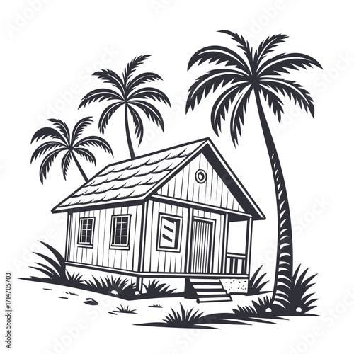 Simple wooden beach bungalow with palm trees in a tropical island setting