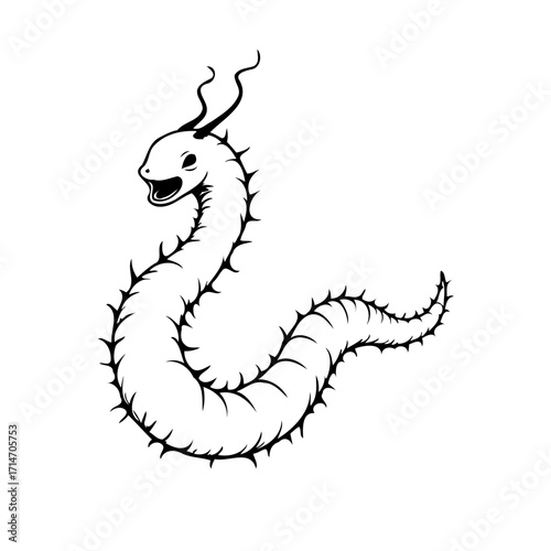 Stylized thorny worm illustration with playful expression and abstract design element in a simple