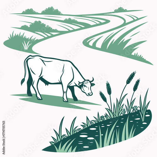 Stylized illustration of a cow grazing in a green pastoral landscape with rolling hills and fields